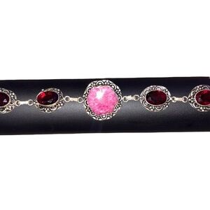 Vintage Pink & Red Stamped 925 Silver Stone Bracelet 8.5” Length